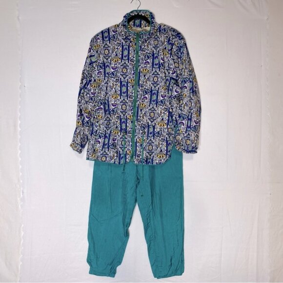 Vintage Ispo Green Blue All Over Busy Print Tracksuit W Green Pants M - Picture 1 of 16